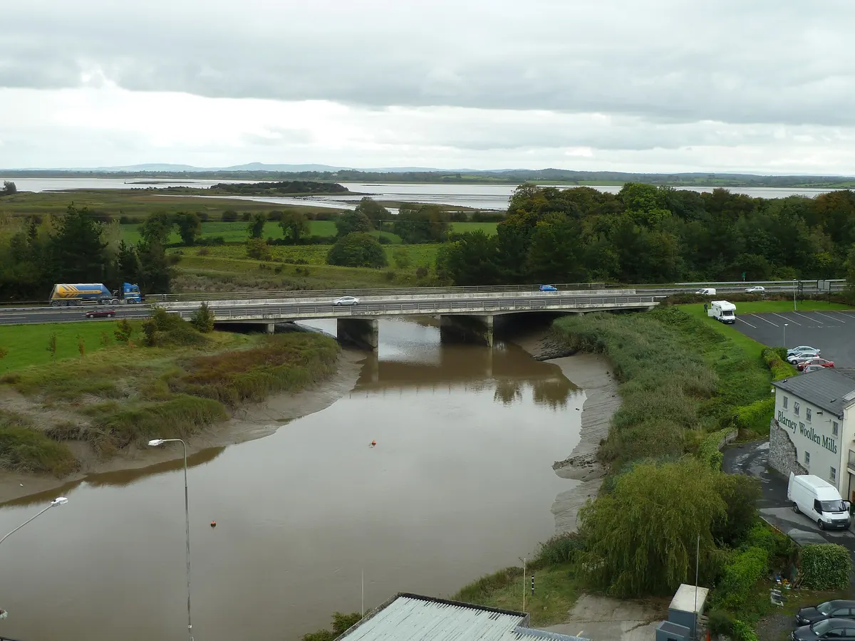 A river, a road bridge and green fields beside Bunratty, with the Shannon estuary and low hills in the distance