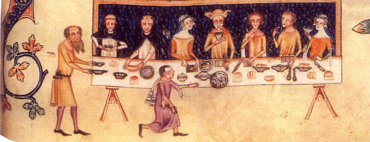 A medieval manuscript painting of a lord and guests at a long table laden with food, with servants bringing dishes
