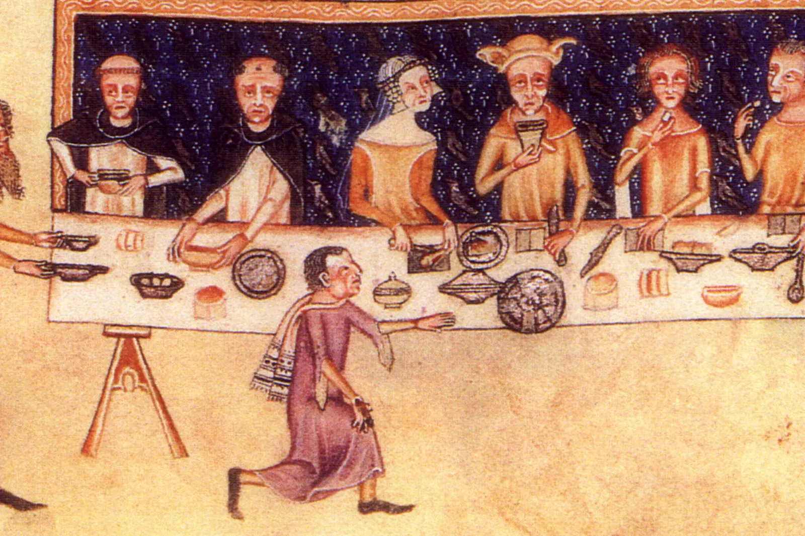 A medieval manuscript painting of a lord and guests seated at a long table laden with food, with servants bringing dishes